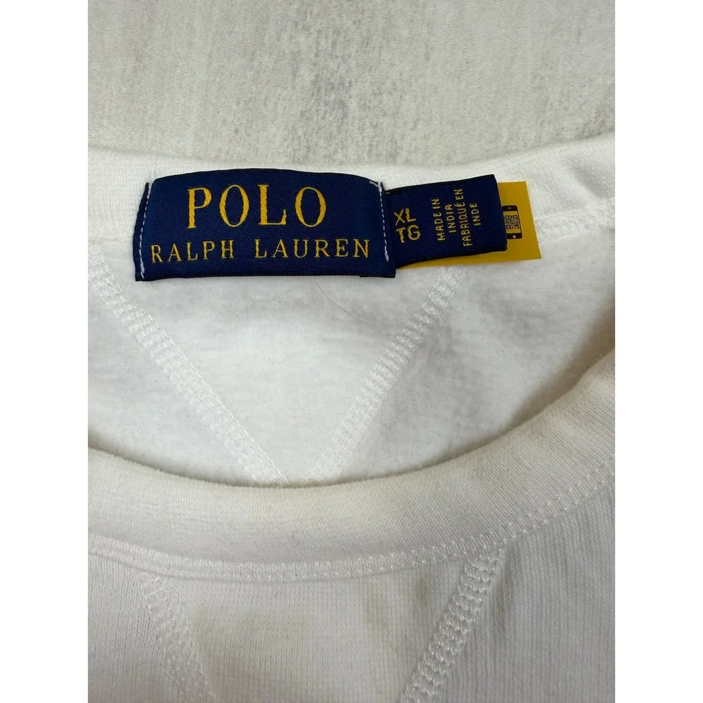 Polo Ralph Lauren White Crewneck Sweatshirt Mens XL Navy Blue Pony Logo Fleece